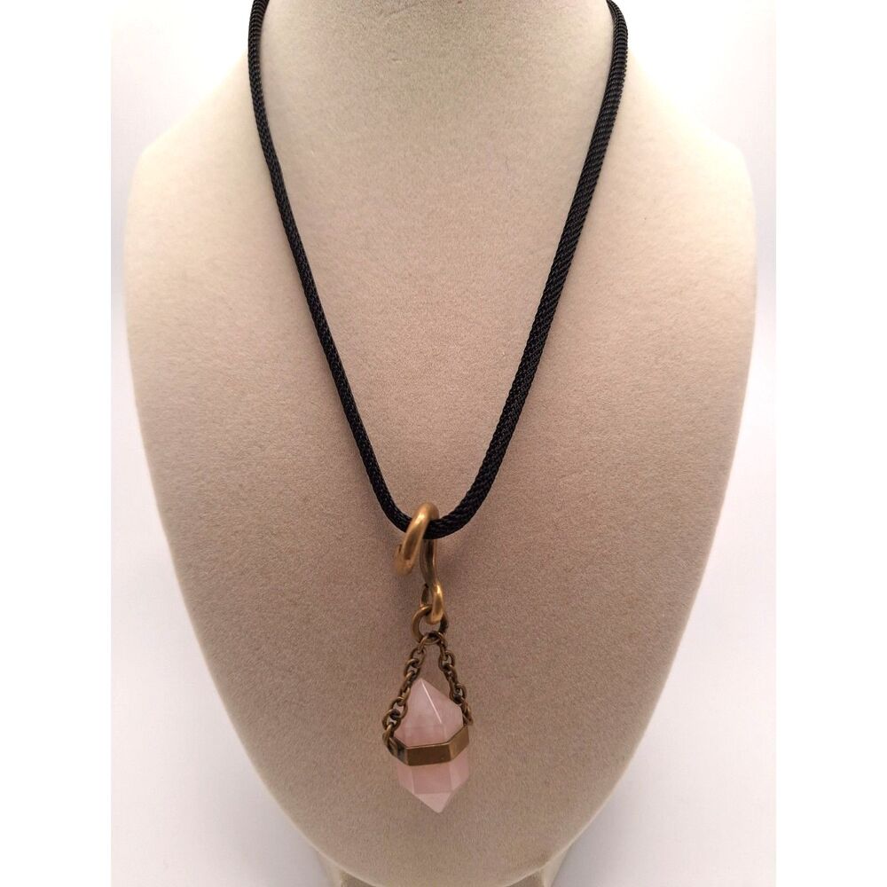 Rose quartz necklace dangle drop black mesh chain 17 inches 3 inch extender